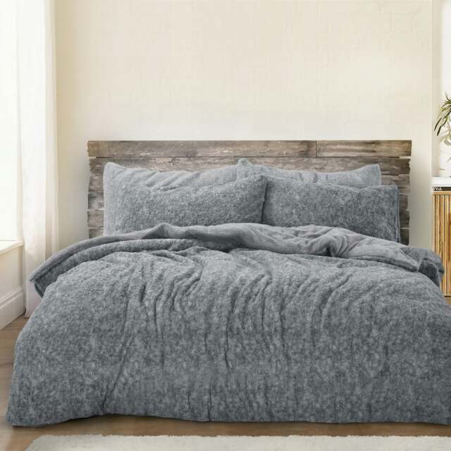Velosso Teddy Marl Fluffy and Warm Fleece Duvet Cover Set Grey Charcoal Double