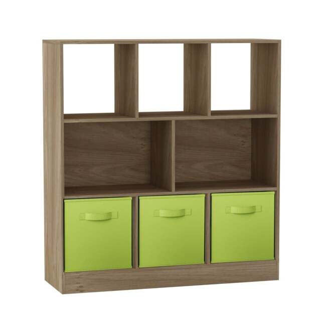 Asymmetrical 8 Oak Cube Bookcase Shelf Storage Unit with 3 Fabric Drawer Inserts Multi Oak & Green Drawer 1