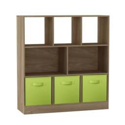 Asymmetrical 8 Oak Cube Bookcase Shelf Storage Unit with 3 Fabric Drawer Inserts Multi Oak & Green Drawer 1