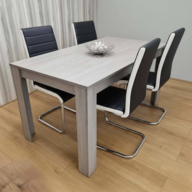 Modern Grey Dining Table With 4 Black Faux Leather Chairs Dining Furniture Set