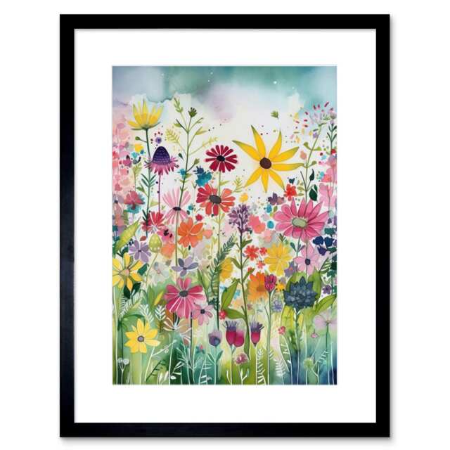 "Bright Wildflower Floral Blooms Folk Art 9x7"" Black Framed Wall Art Print"