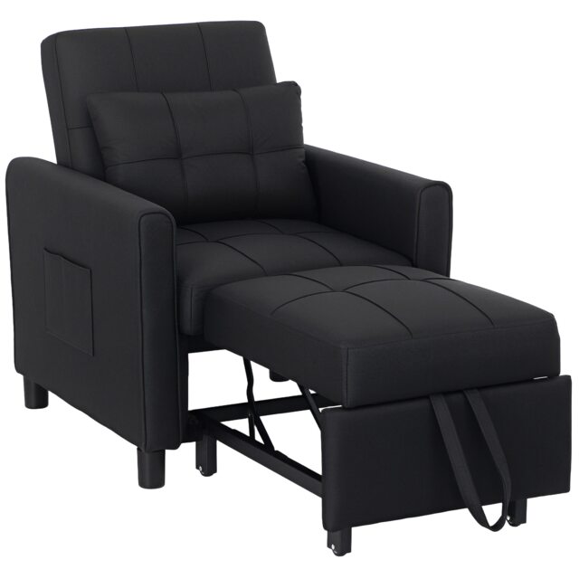 HOMCOM Compact Single Chair Bed, Pull Out Bed, Convertible Sleeper Chair with Adjustable Backrest, Pillow, Side Pockets for Home Office, Bedroom, Living Room, Black Black One Size