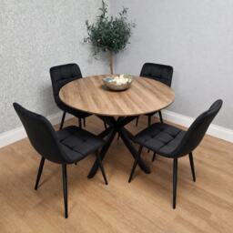 KOSY KOALA 4 Seater Round Dining Table with Wood Effect Tabletop Black Metal X Shaped Legs & 4 Black Velvet Chairs for Kitchen Dining Room Furniture Set
