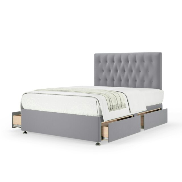 Neptune Spring Silver Plush Velvet 4 Drawer Divan Set And Lona Headboard Double