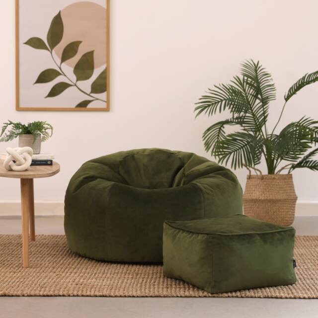 Kingston Classic Velvet Bean Bag Chair & Pouffe Olive Green Bean Bag Chair Green Olive Green 2