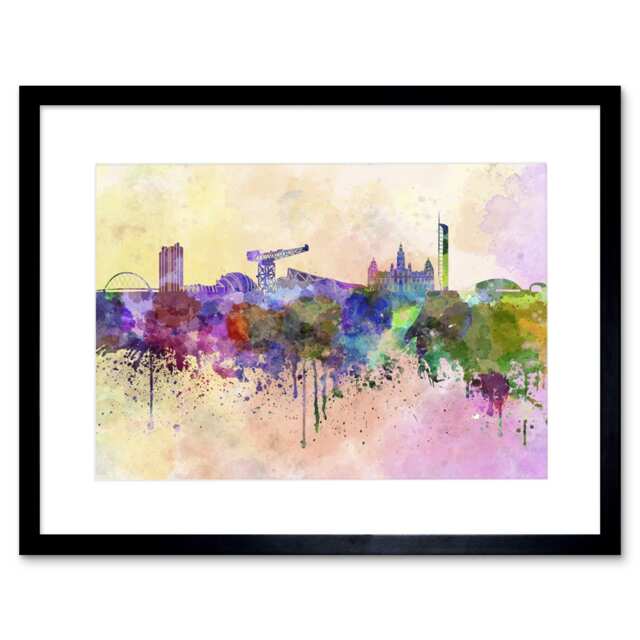 "Painting Cityscape Paint Splash Skyline Glasgow 12x16"" Framed Wall Art Print"