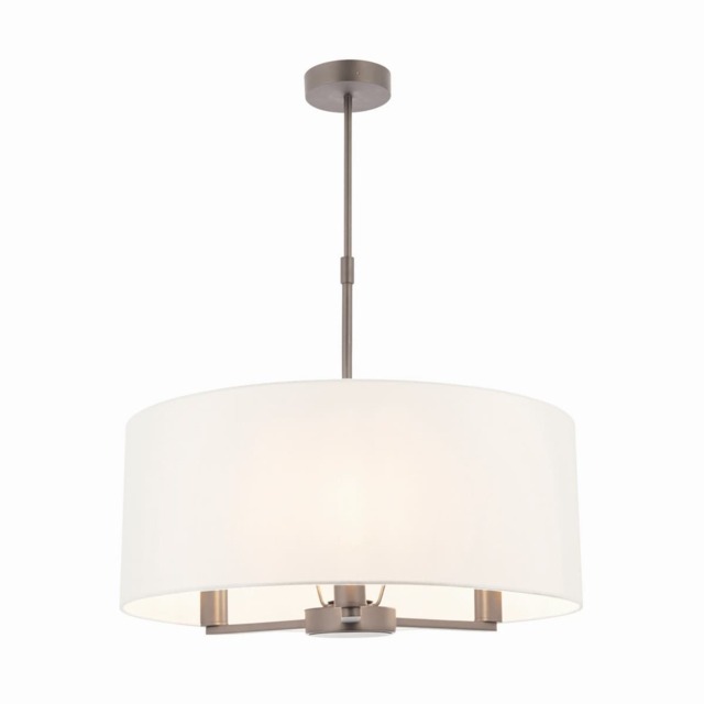 Daley 3 Light Multi Arm Ceiling Pendant Matt Nickel, Cylindrical Vintage White Silk Effect Shade, E14