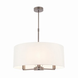Daley 3 Light Multi Arm Ceiling Pendant Matt Nickel, Cylindrical Vintage White Silk Effect Shade, E14