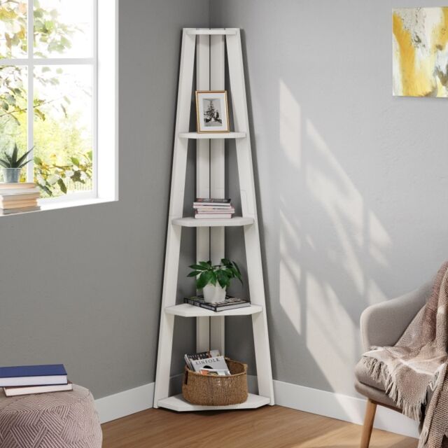 Mercers Furniture Corona White Corner Ladder Bookcase Solid Wood Mexican Pine Wooden Open Display Unit Shelving