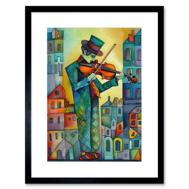 "Fiddler Roof Folk Art Watercolour Painting 9x7"" Black Framed Wall Art Print"