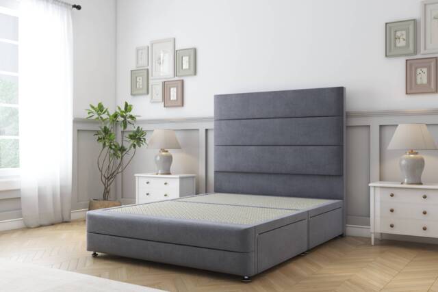 Sloomy Monaco Steel Plush Divan Bed Base No Drawers With 26 Inch Strutted Headboard & 12 Inch Matching Footboard Grey Steel Small Double 1