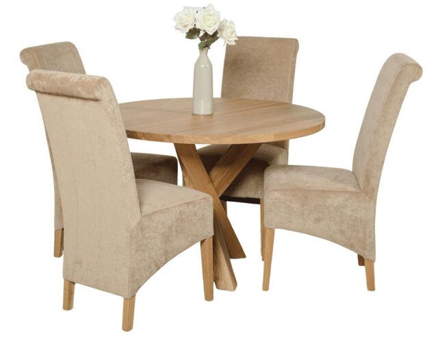 Oregon Round Oak Dining Table and 4 Montana Fabric Chairs Brown Beige 1