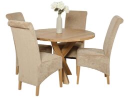Oregon Round Oak Dining Table and 4 Montana Fabric Chairs Brown Beige 1