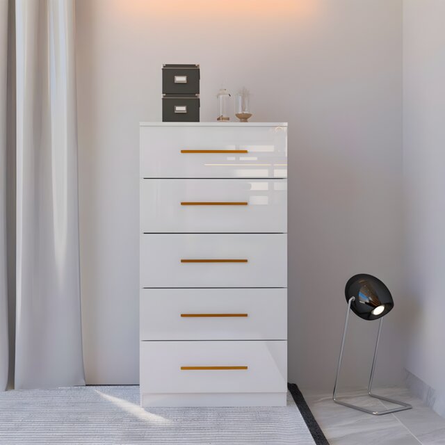 High Gloss Chest of Drawer Modern Bedroom Furniture Storage Cabinet with Handles-White 5 Drawrers