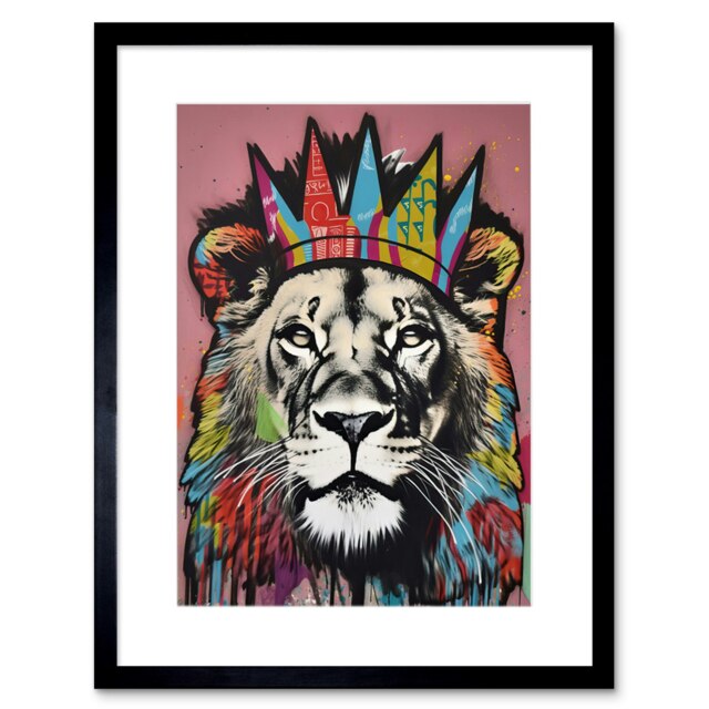 "Lion Crown King of Jungle Modern Pop 9x7"" Black Framed Wall Art Print"