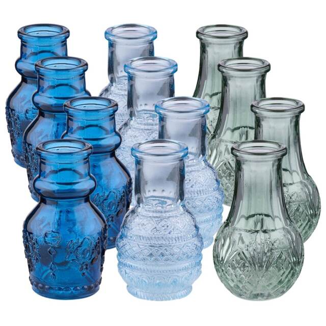 Mini Flower Bud Vases Sets Blue Green Coloured Glass Decorative Embossed Clear Set of 12