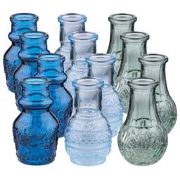 Mini Flower Bud Vases Sets Blue Green Coloured Glass Decorative Embossed Clear Set of 12