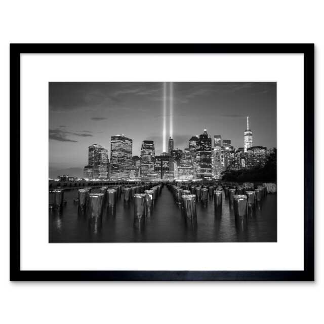 "Lower Manhattan New York Towers Tribute Light 9x7"" Black Framed Wall Art Print"