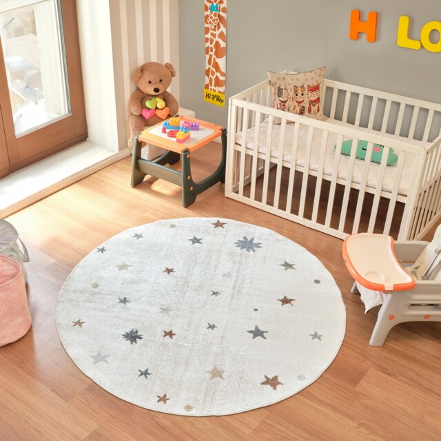 LIVABLISS Lillian-Kids Washable Round Rug Ø160 cm Beige Orange Green Grey