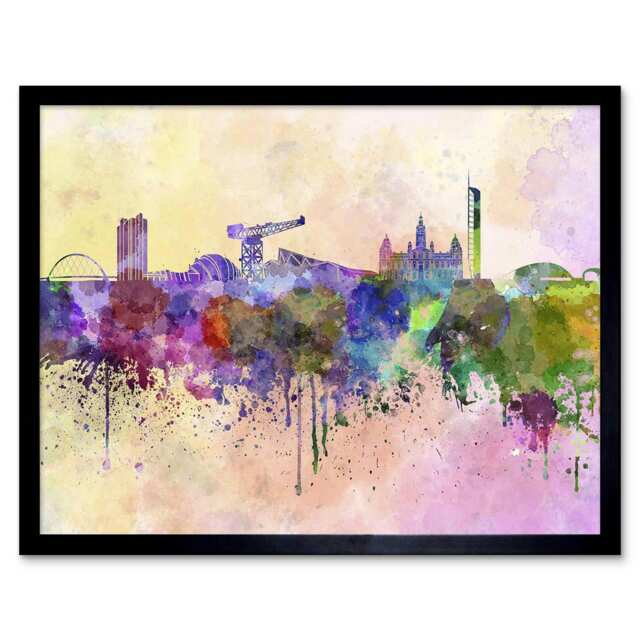 Painting Cityscape Paint Splash Skyline Glasgow Framed Wall Art Print