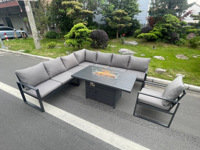 Fimous Aluminum Outdoor Garden Furniture Corner Sofa Chair Gas Fire Pit Dining Table Sets Gas Heater Burner Dark Grey 8 Seater