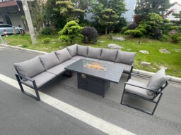 Fimous Aluminum Outdoor Garden Furniture Corner Sofa Chair Gas Fire Pit Dining Table Sets Gas Heater Burner Dark Grey 8 Seater