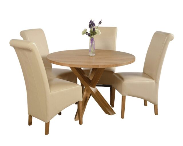 Oregon Round Oak Dining Table and 4 Montana Leather Chairs Cream Cream 1