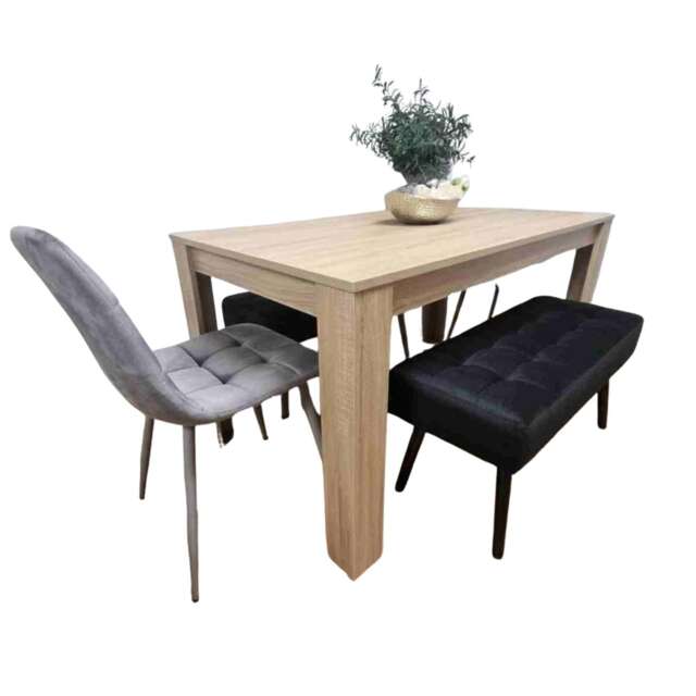Dining Table and 2 Chairs With 2 Benches Oak Effect Wood Table 2 Black Velvet Chairs Dining Room