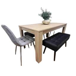 Dining Table and 2 Chairs With 2 Benches Oak Effect Wood Table 2 Black Velvet Chairs Dining Room