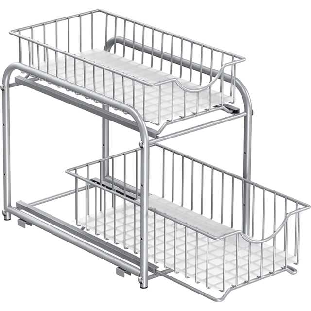 Under Sink Cabinet Organizer, Double Tier Storage Shelf with Sliding Basket Drawers, Kitchen Bathroom Storage, Silver