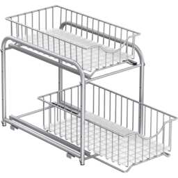 Under Sink Cabinet Organizer, Double Tier Storage Shelf with Sliding Basket Drawers, Kitchen Bathroom Storage, Silver