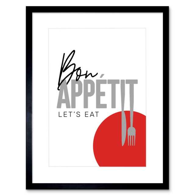 "Bon Appetit Cutlery Lets Eat Bold Modern 9x7"" Black Framed Wall Art Print"