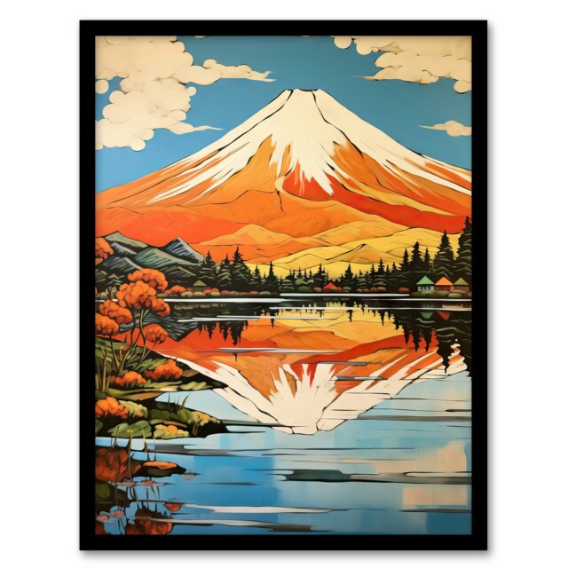 Mount Fuji Japan Lake Kawaguchi Waters Home Decor Black Framed Wall Art Print A4