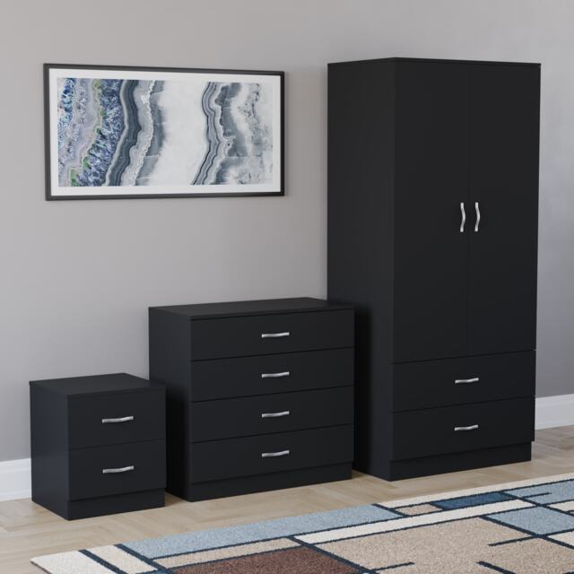 Vida Designs Riano 3 Piece Bedroom Set (2 Drawer Bedside Chest, 4 Drawer Chest, 2 Door 2 Drawer Wardrobe) - Black