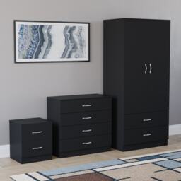 Vida Designs Riano 3 Piece Bedroom Set (2 Drawer Bedside Chest, 4 Drawer Chest, 2 Door 2 Drawer Wardrobe) - Black