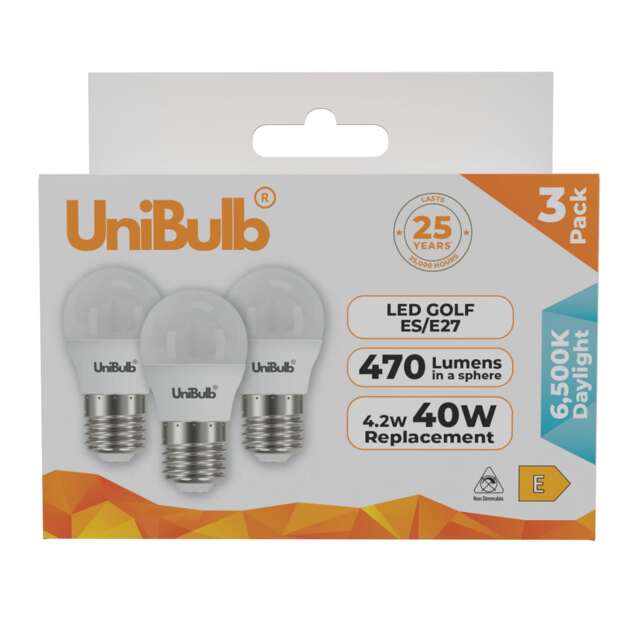 UniBulb LED Golf Ball E27 Edison Screw (ES) 470lm 4.2W (Replaces 40W) 6500K (Daylight) Light Bulb - Pack of 3 White Daylight 3