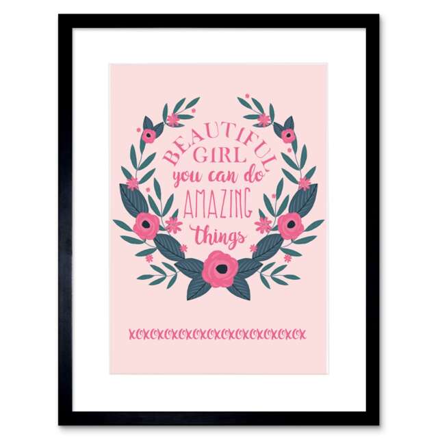"Kids Girl Beautiful Quote Pink Floral 9x7"" Black Framed Wall Art Print"