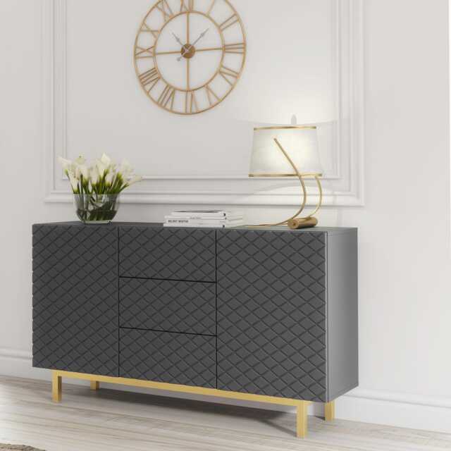 Sideboard Cabinet TV Unit Storage Cabinet Grey Doors Drawers Gold Legs 140cm