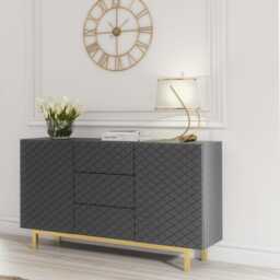 Sideboard Cabinet TV Unit Storage Cabinet Grey Doors Drawers Gold Legs 140cm