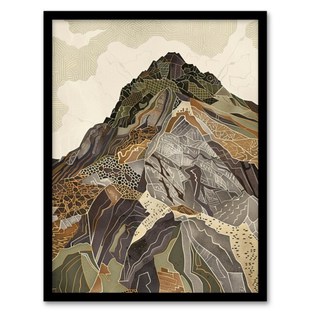Old Man Coniston Peak Modern Folk Art Earthy Black Framed Wall Art Print A4