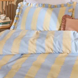 Wylder Nature Birdie Stripe Ruffle Duvet Cover Set Yellow Lemon/Sky King