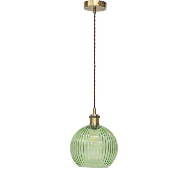 Betchley - Green Ribbed Glass Globe Antique Brass Retro Pendant