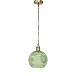 Betchley - Green Ribbed Glass Globe Antique Brass Retro Pendant