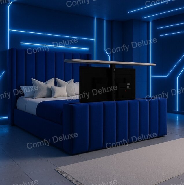 Blue Plush 4FT6 Double Zaya Tv Bed Frame Only With 54inch Headboard Solid Bed