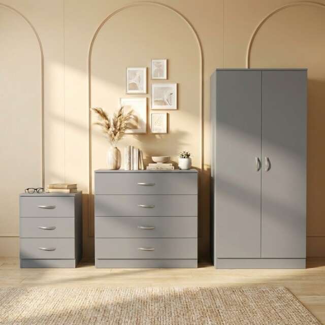 Vida Designs Riano 3 Piece Bedroom Set (3 Drawer Bedside Chest, 4 Drawer Chest, 2 Door Wardrobe) - Grey