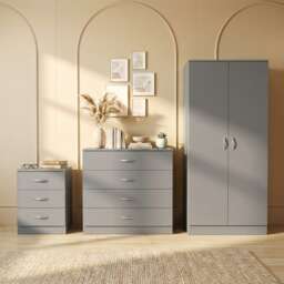 Vida Designs Riano 3 Piece Bedroom Set (3 Drawer Bedside Chest, 4 Drawer Chest, 2 Door Wardrobe) - Grey