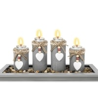 Rustic Wooden Tray with 4 Tealight Candle Holders – Decorative Home Centrepiece with Accent Stones & Personalised Heart Ornament – Natural Wood Table Décor for Living Room, Dining & Gifts (Candles Not Included)