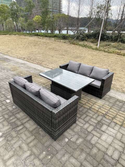 Fimous 6 Seater Outdoor Rattan Sofa Set Garden Furniture Adjustable Rising Lifting Dining Table Dark Grey Mixed