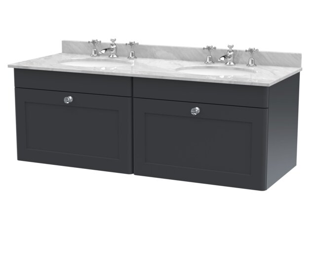 Balterley Swynnerton Traditional 2 Drawer Wall Hung Vanity Unit with Double Marble Basin, Dark Grey, 1200mm