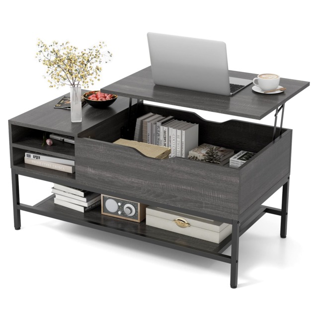 COSTWAY Lift Top Coffee Table Living Room Table Storage Shelf Grey